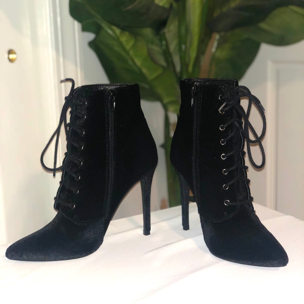 JUSTFAB Lace Up Velvet Stiletto Booties